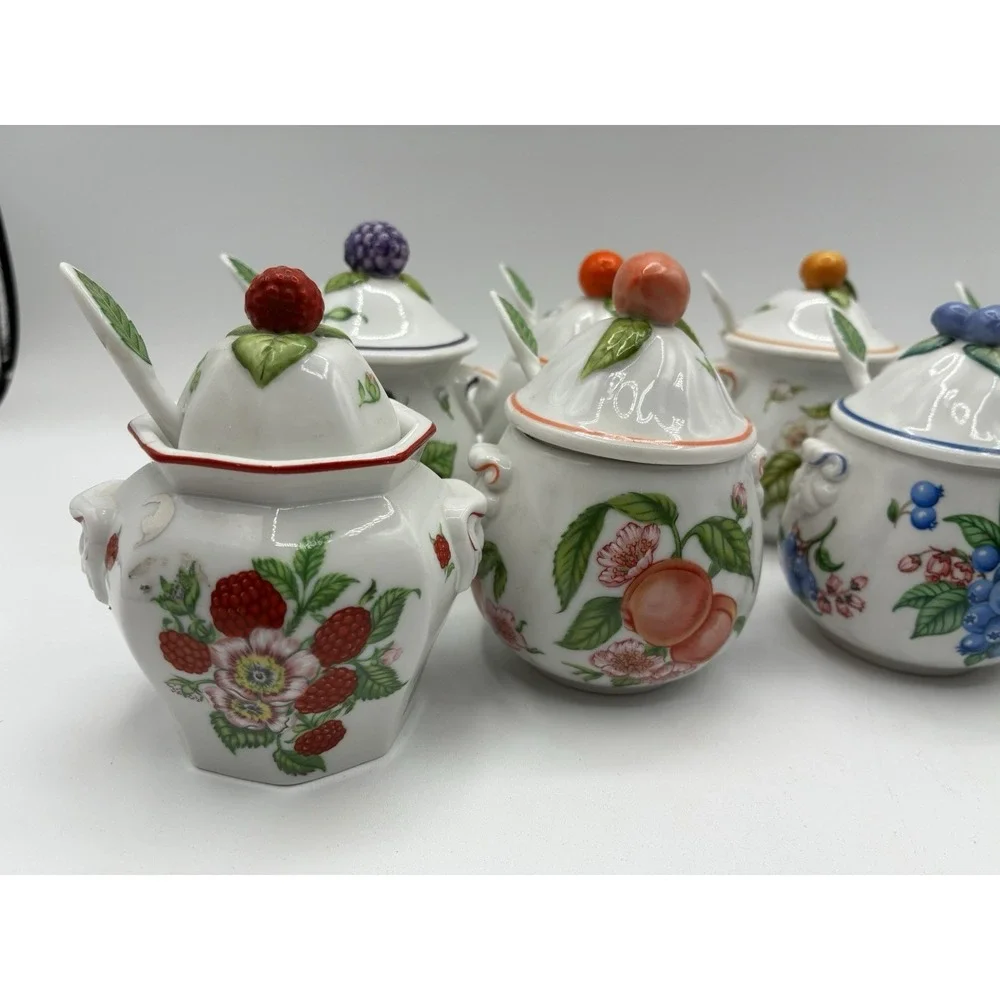 Vintage 1991 Lenox Orchard Porcelain Jam/Jelly Jars - Set of 8 with 8 spoons